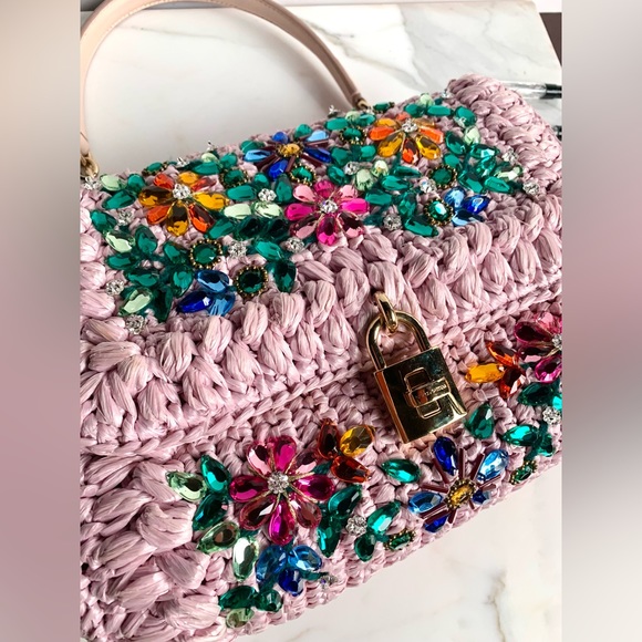 DOLCE & GABBANA MISS DOLCE PINK RAFFIA CRYSTAL LEATHER HANDBAG - Picture 5 of 14